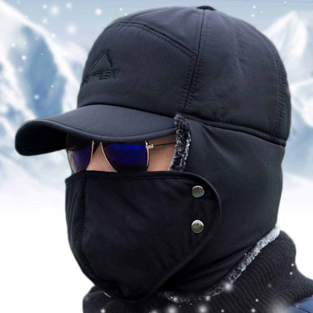 Chapka Homme Femme Chapeau de Trappeur 3 en 1 Doublure Fourrure Thermique avec Oreillette Masque Facial Cache-Cou Anti-Vent/Froid Casquette de Baseball Hiver Chaud pour Cyclisme Moto Ski Snowboard