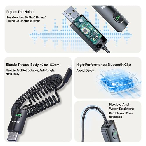 Image of Sounce Bluetooth Car Receiver with Hands-Free Calling,Built-in Microphone, 85 cm Coiled Cable, Multi-Function Button, Music Playback, Wireless AUX Adapter for Car Audio (Black)