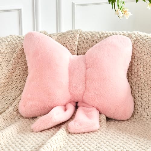 Pink Bow Pillow, Soft Bow Decorative Pillows with Faux Fur