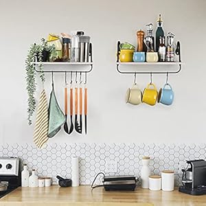 Olakee Floating Wall Shelves for Kitchen Bathroom Coffee Nook with 10 Adjustable Hooks for Mugs Cooking Utensils or Towel Rustic Storage Shelves Set of 217×59 inch White