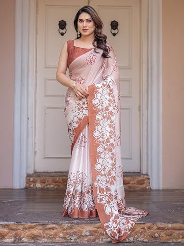 Image of ALMAARI FASHION Women's Floral Printed Georgette Satin Saree with Unstitched Blouse Piece | Traditional Ethnic Wear Sarees | Soft Lightweight Ethnic Office Wear Daily Wear Indian Sari (SG 161-170 H)