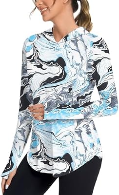 Bashafo Women's Workout Tops – Long Sleeve Hiking Shirt, White & Blue Print, Size L