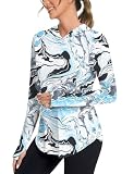 Bashafo Women's Sun Hoodie Long Sleeve UV Shirts White Blue Print, XL