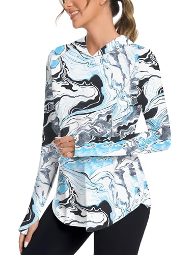 Bashafo Sun Hoodie for Women UPF 50+ Sun Protection Long Sleeve Shirts for Running Fishing Loose Fit (White Blue Print XL)