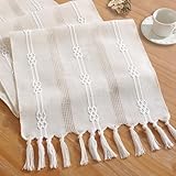 Cenebonxy Rustic Boho Table Runner, Farmhouse Table Runners 60 Inches Long for Kitchen Dining Room, 13x60 Inches, Ivory Lines