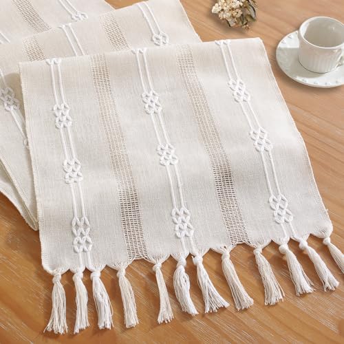 Cenebonxy Rustic Boho Table Runner, Farmhouse Table Runners 60 Inches Long for Kitchen Dining Room, 13x60 Inches, Ivory Lines