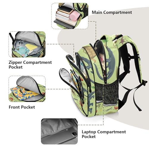Snakes Lizard Frog and Turtle Animals Pattern Green Backpack for School Book Bag Laptop Tablet Backpack Work Travel Computer Bag with Reflective Stripes4