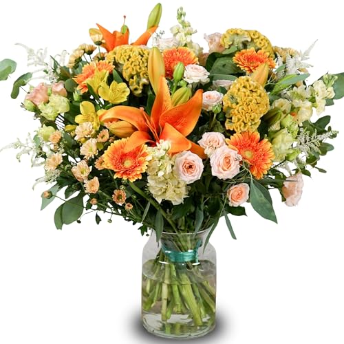 Golden Radiance Hand-Tied Bouquet: Yellow Celosia, Peach Spray Roses, Orange Lilies, Germini & Eucalyptus - Birthday & Celebration Flowers by Fleur De Luxe UK