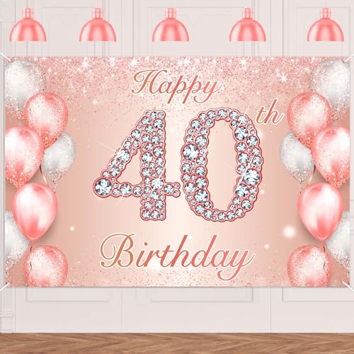 Image of Happy 40th Birthday Rose Gold Banner Cheers to 40 Years Old Backdrop Confetti Balloons Theme Decor for Women 40 Years Old Pink Birthday Party Decorations Bday Supplies Background Favors Gift Glitter