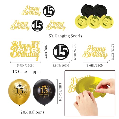 Xietaea Deko 15 Geburtstag Jungen Mädchen - Schwarz Gold Luftballons Happy Birthday Girlande Tortendeko, XXL Zahlenballon Hängende Spiralen und Wimpel für 15 Jahre Geburtstagsdeko