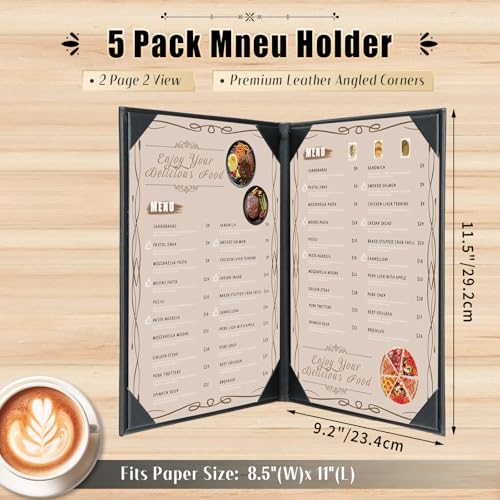 Image of Restaurant Menu Covers Holders 8.5 X 11, 5 Pack 2 View Synthetic Leather Menu Holder Covers Book Style with Angled Corners Black for Wine List, Certificate Organizer Diploma Holder (2 Page)