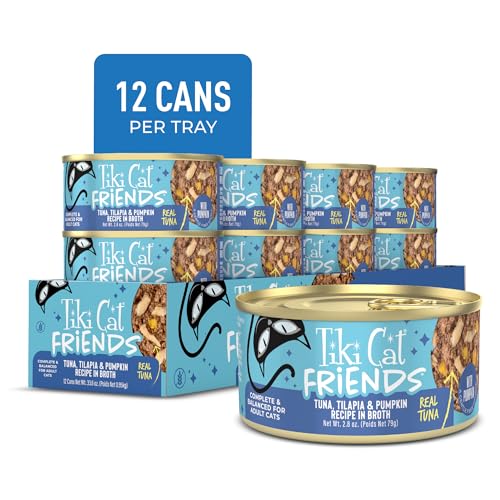 Image of Tiki Cat Friends Tuna, Tilapia & Pumpkin Wet Cat Food | Friends Recipe with Tuna, Tilapia & Pumpkin, Grain Free, High Moisture, Formulated for Adult Cats, 2.8 Oz Can (12 Count)