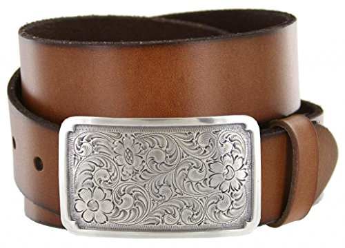 Silver Engraved Square Western Full Grain Leather Casual Jean Belt