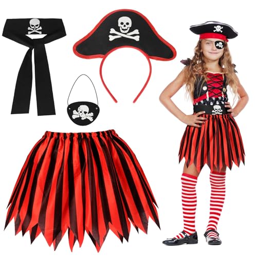 NALACAL Pirate Costume Dress for Girls Pirate Dress with Hairband Eye Patch Belt for Kids Pirate Short Skirt for Halloween Cosplay Party Role Play 4Pcs - Free Size