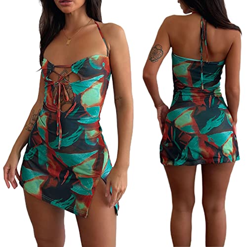 Womens Hollow Out Spaghetti Strap Mini Dress Sexy Backless Bodycon Slit Floral Boho Beach Party Casual Short Dresses (As1, Alpha, S, Regular, Regular, Multicolor) #TOP6