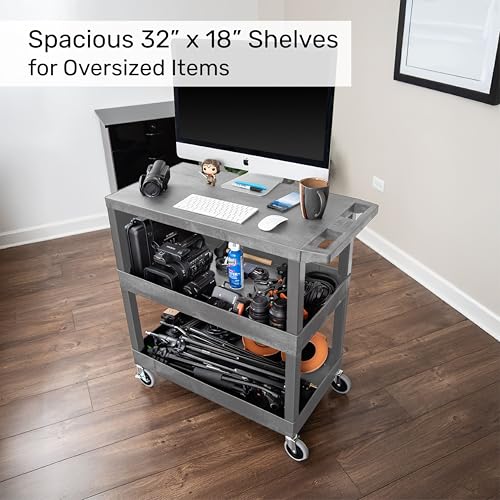 Image of Tubstr 3-Tier Rolling Utility Cart with Wheels | Supports 300 lbs. Total | Heavy-Duty Capacity for Garage Storage, Office Spaces, & Kitchen Use | Durable Tool Cart with Locking Wheels (Gray, 32 x 18)