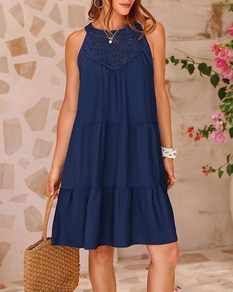 Women's Summer Dresses A-Line Tiered Swing Halter White Sundress Beach Vacation Mini Dresses - Image 4