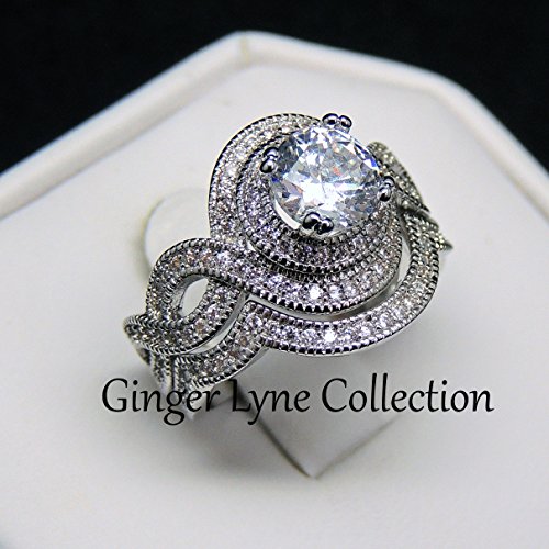 Ginger Lyne Collection Bobbi Wedding Ring Set for Women Bridal Set Halo Engagement Ring with Matching Wedding Bands for Her | White Gold Plated Bridal Jewelry for Women2
