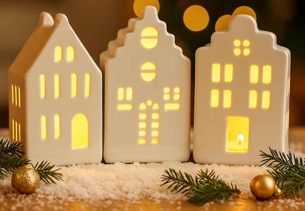 Set of 3 Ceramic LED Houses
