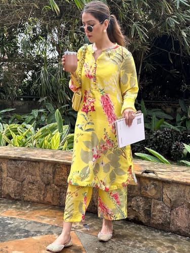 Image of GoSriKi Kurta Sets for Women Cotton Blend Printed | Kurti Set for Woman | Kurta Palazzo Set | Straight Kurti | Mandarin Collar Full Sleeve Suit Set for Women Stylish Ethnic Outfit Clothing