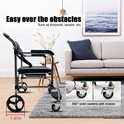 Shower Chair With Wheels For Elderly, Foldable Rolling Shower Chair With Removable Bucket Use As Bedside Commode Or Transport Wheelchair For Inside Shower #TOP4