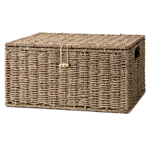 Image of StorageWorks Wicker Basket with Lid, Storage Baskets with Lids, Seagrass | Woven Baskets with Lids for Shelves, Wicker Storage Baskets with Lids, Lidded Baskets for Organizing, Large, 1 Pack