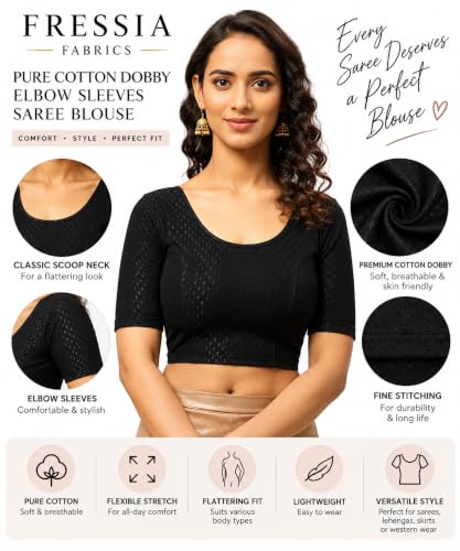 Image of Fressia Fabrics Pure Cotton 4-Way Stretch Readymade Blouse for Women | Free Size to 4XL Stretchable Round Neck Dobby Cotton Half Sleeve Readymade Saree Blouse for Women Stylish