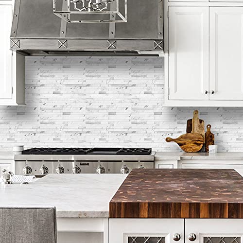 Dicofun 10-Sheet Peel And Stick Backsplash Tile, Faux White Marble Look Pvc Mixed Metal Stick On Backsplash Tiles For Kitchen, 9.4 Sq.ft #TOP4