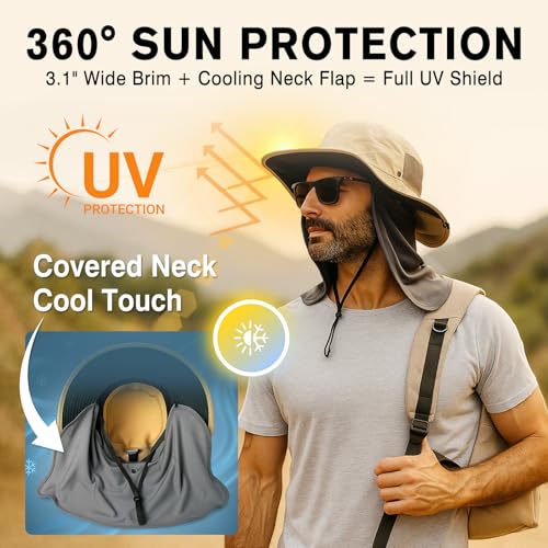 Image of TOP-EX UVCoolix Men's Wide Brim Sun Hat with Cooling Neck Flap | UPF 50+ UV protection sunglass lock waterproof packable windproof for fishing hiking safari