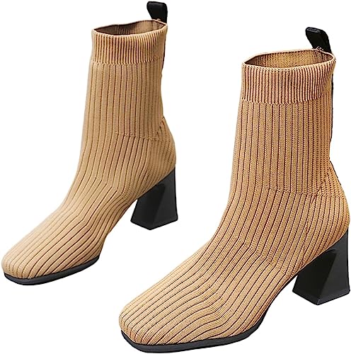 Botas de inverno quentes para o inverno com salto grosso, bico quadrado, botas de inverno, Preto, 6.