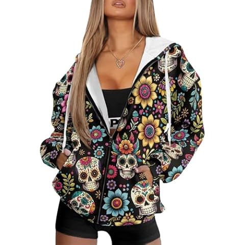 ELEDIZI Sugar Skull Hoodie for Women Casual Graphic Hoodies for Women Plus Size Oversized Sweater for Women Y2K Lightweight Zippered Hooded Sweatshirt Women Athletic Full Zip Up Jacket with Hood S Cover