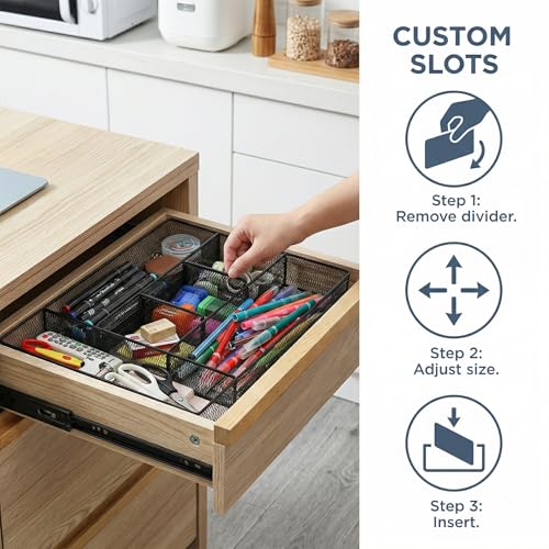 Image of Hiceeden 2 Pack Mesh Desk Drawer Organizer, 16.1 inchx12.2 inchx2 inch Large Desk Organizer Tray with 2 Removable Dividers, 6 Compartment Metal Organizers for Home, Office, Makeup & Vanity