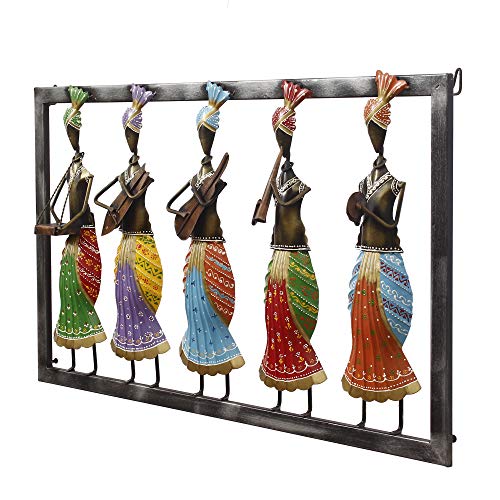 Image of Ecraftindia Set of 5 Tribal Women Playing Different Musical Instruments Colorful Decorative Iron Wall Hanging, Orange, Blue, Green, Brown and Purple, One Size (Irlady506)