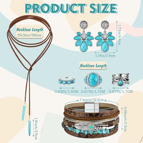 Image of Ecally Bohemian Western Jewelry Turquoise Set Women Country Pendant Long Choker Layered Bracelets Earrings Ring for Women