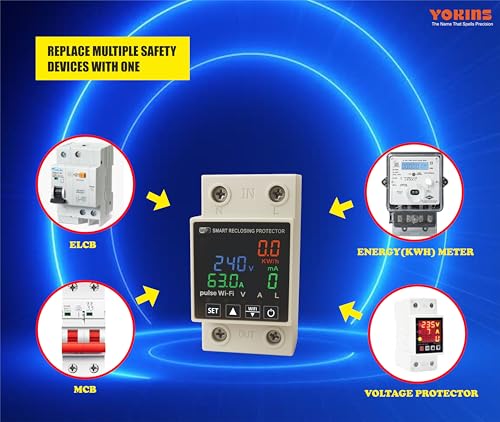 Image of YOKINS Smart Energy Meter 63A | WiFi Voltage, Current & Leakage Protector | Over /Under Voltage & Overload Protection | DIN Rail (YD-WiVA Meter With Weatherproof Mount)