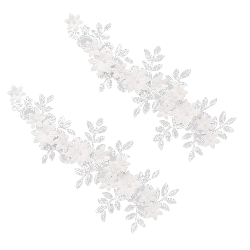 GORGECRAFT 2 UNIDS Parches Bordados Hierro 3D Apliques de Encaje Parches Bordado Motivo Floral Abalorios Encaje Tela Apliques de Perlas para Ropa Vestido (Blanco)