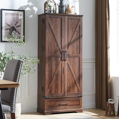72-Farmhouse-Kitchen-Pantry-Cabinet-with-Drawer-Tall-Storage-Cabinet-with-2-Barn-Doors-and-Shelves-Versatile-Large-Rustic-Cabinet-for-Dining-Room-Bathroom-Living-Room-Laudry-Brown 72 Farmhouse Kitchen Pantry Cabinet with Drawer Tall Storage Cabinet with 2 Barn Doors and Shelves Versatile Large Rustic Cabinet for Dining Room Bathroom Living Room Laudry Brown