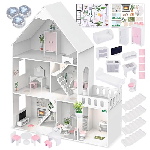 Barbie Grande maison de poupée en bois de 118 cm – Kinderplay Maison de poupée à 3 étages pour enfants avec meubles, lumière LED, autocollants et accessoires – Maison de jeu moderne en bois Cadeau à
