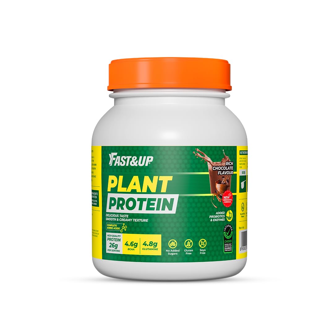 FAST&UP Plant Protein Powder with Rich Chocolate Flavour Pea Isolate & Rice Protein 26gm Protein Per Serve Complete Amino Acids with 4.6g BCAA Smooth & Tasty Green 30 Servings (Pack of 1)