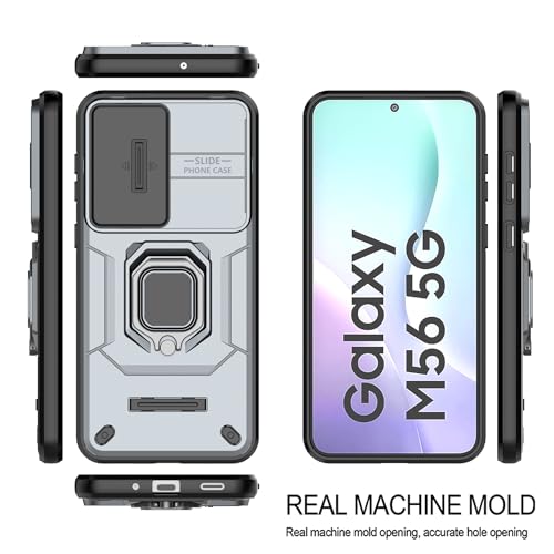 Image of Heavy Duty Armor Back Case Cover for Samsung Galaxy M56 5G - Magnetic Kickstand Ring with Camera Shutter Protection, Rugged Bumper Hard Back Cover for Samsung M56 5G (PC & TPU|Silver)