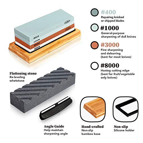 LOVEETA Sharpening Stone Whetstone Knife Sharpener - Wet Stones Kit Premium Dual Side Grit 400/1000 3000/8000 Waterstone Set with Non Slip Bamboo Base, Flattening Stone and Angle Guide - Thumbnail 5