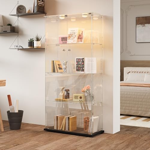 Vitrina de cristal de pie con LED, 4 capas de cristal, madera y c...