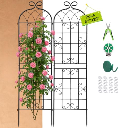 2 Pack 86.7" H x 19.7" W Black Metal Garden Trellis for Climbing Plants Outdoor, Heavy Duty Tall Plant Support for Roses, Vines, Cucumbers, Clematis, Flowers & Vegetables