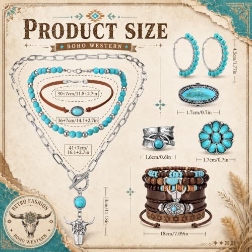 Image of Ecally Bohemian Western Jewelry Turquoise Set Women Country Pendant Long Choker Layered Bracelets Earrings Ring for Women