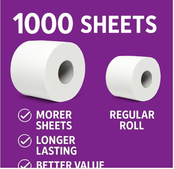 1000-Sheet Toilet Paper 12 Pack – Premium 1-Ply Bath Tissue, Soft & Strong, Septic-Safe, Long-Lasting Bathroom Tissue for Home, Office & Commercial Use