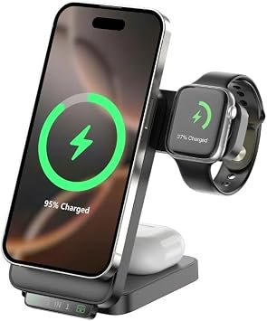Bix TPS01 3’ü 1 15W Kablosuz Şarj Cihazı Telefon TWS Kulaklık Akıllı Saat Gece Işıklı Çok Fonksiyonlu Siyah