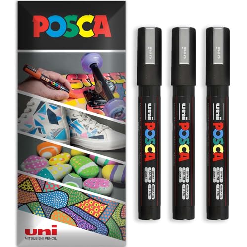 Posca - Rotulador permanente a base de agua, multiuso en superficies, PC-5M, paquete de 3 bolígrafos en cartera (plateado)