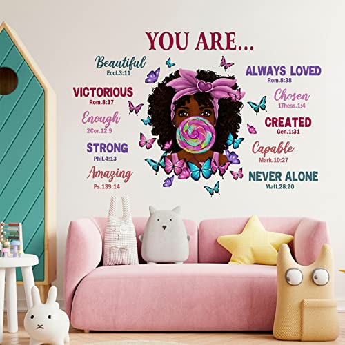Mfault Black Girl Magic You Are Beautiful Inspirational Wall Decals Stickers, Religious Quote Lollipop Butterfly Nursery Decoration African American Bedroom Art, Positive Afro Kid Teen Room Home Decor #TOP2