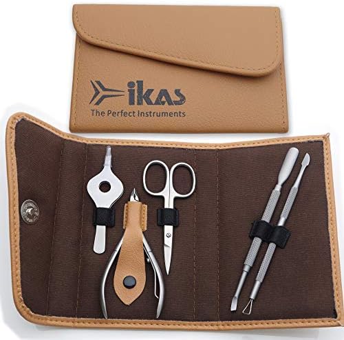 IKAS Cuticle Nipper with Pusher & Cutter Scraper; Curved Scissor with Tweezer. Professional Grooming Kit Japanese Steel. Manicure/Pedicure tools with Brown Leather Case for Gift, Salon, Home, Travel
