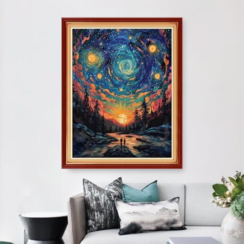 Image of Dimensean Stamped Cross Stitch Kits Full Range of Embroidery Patterns Starter Kits for Beginners Adult DIY Cross Stitches Needlepoint Kits 11CT-Couples Under Van Gogh's Starry Sky 16x20 inch